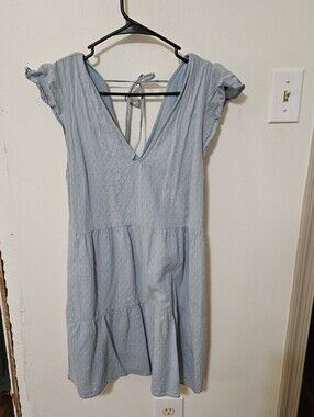Abercrombie V Neck Tie Back Light Blue Cotton Mini Dress Size Small Tall